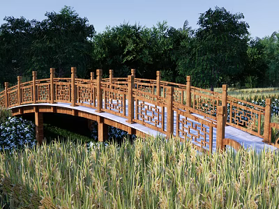 Wooden Landscape Bridge With Intricate Carved Railings Surrounded By Lush Green Trees And Grass 3d model