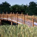 Wooden Landscape Bridge With Intricate Carved Railings Surrounded By Lush Green Trees And Grass