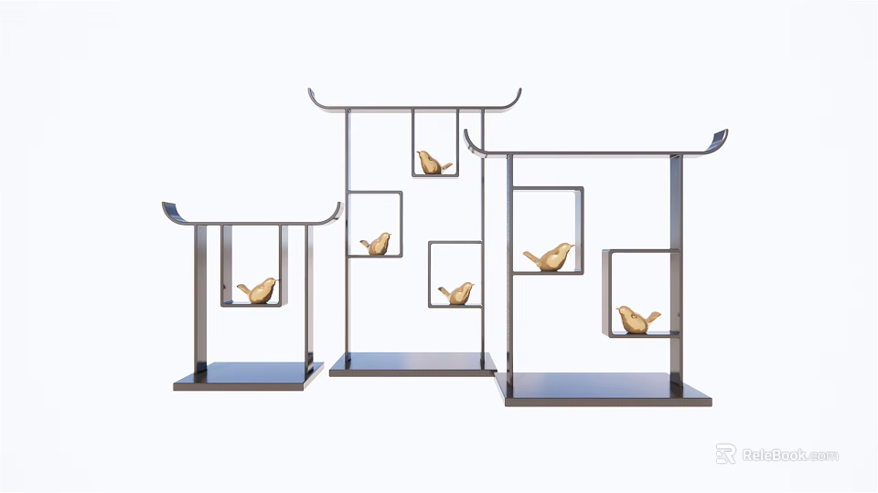 Decorative Ornament Combination With Chinese Style Roof Shaped Metal Stands And Golden Bird Figurines 3d model 