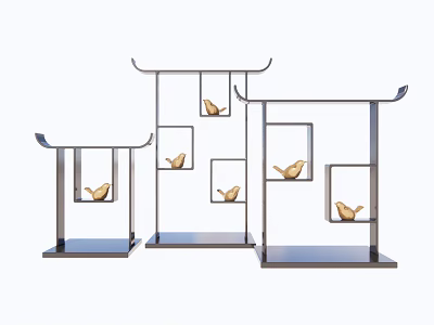 Decorative Ornament Combination With Chinese Style Roof Shaped Metal Stands And Golden Bird Figurines 3d model