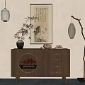 Chinese Wooden Cabinet With Circular Lattice Design And Calligraphy Painting Decor