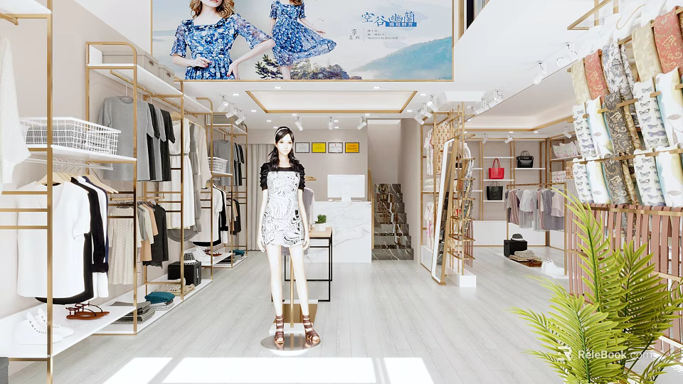 Bright Modern Ladies Clothing Store Interior With Elegant Gold Display Racks And Comfortable Shopping Space 3d model 
