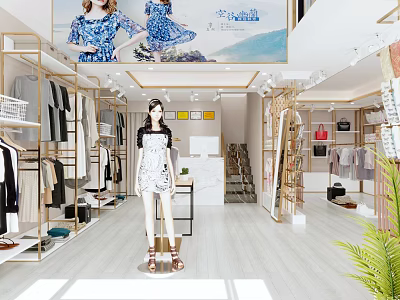 Bright Modern Ladies Clothing Store Interior With Elegant Gold Display Racks And Comfortable Shopping Space 3d model