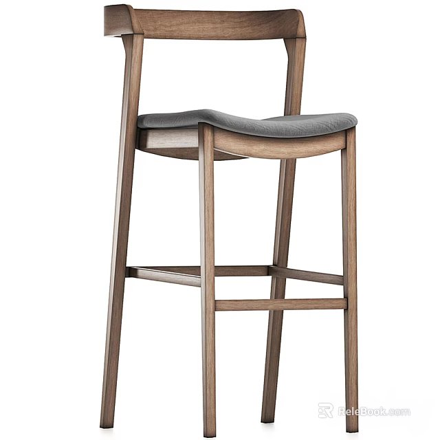 Modern Wooden Bar Stool With Gray Padded Seat And Tall Frame Design 3d model 