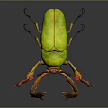 Vibrant Green Beetle With Curved Brown Horns And Colorful Legs On Dark Reflective Surface