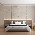 Modern Hotel Guest Room Featuring Light Wood Panel Wall White Floral Relief And Blue Headboard
