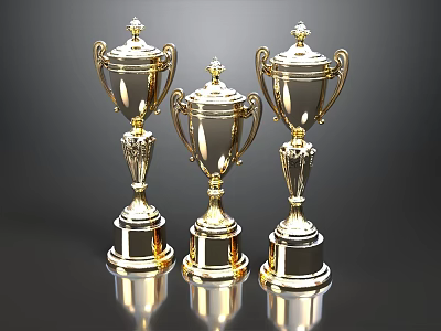 Three Shiny Golden Trophies With Decorative Handles And Reflective Bases On Dark Background 3d model