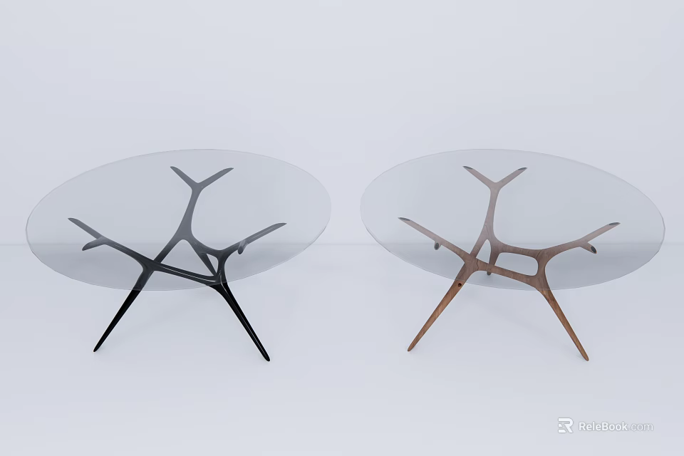 Modern Oval Coffee Table With Glass Top And Branch Like Black Copper Metal Base 3d model 