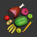 Fresh Assorted Food Items Including Ham Watermelon Pomegranate Apples Bananas Carrot on Dark Reflective Surface