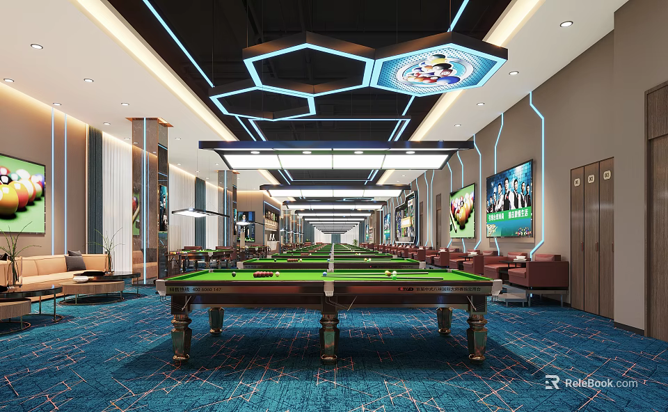 Modern Billiard Room With Snooker Tables Lounge Seating And TVs 3d model 
