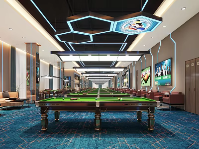 Modern Billiard Room With Snooker Tables Lounge Seating And TVs 3d model