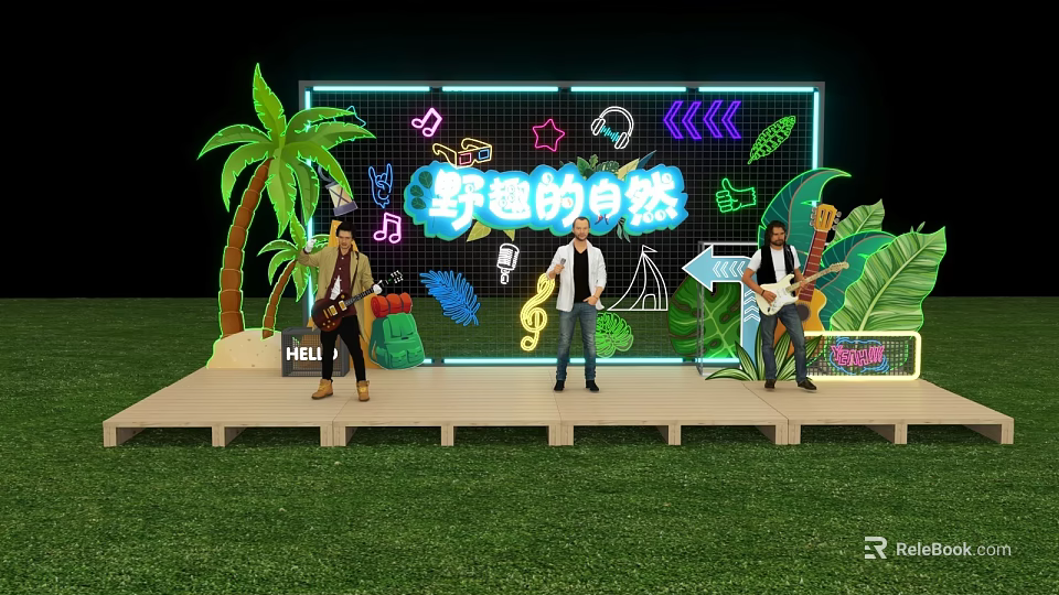 Outdoor Stage With Live Band Performance Neon Backdrop Palm Tree And Green Leaves On Grass 3d model 