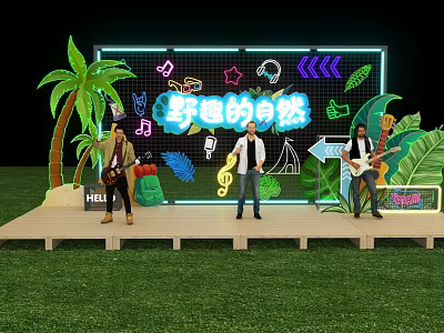 Outdoor Stage With Live Band Performance Neon Backdrop Palm Tree And Green Leaves On Grass 3d model