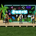 Outdoor Stage With Live Band Performance Neon Backdrop Palm Tree And Green Leaves On Grass