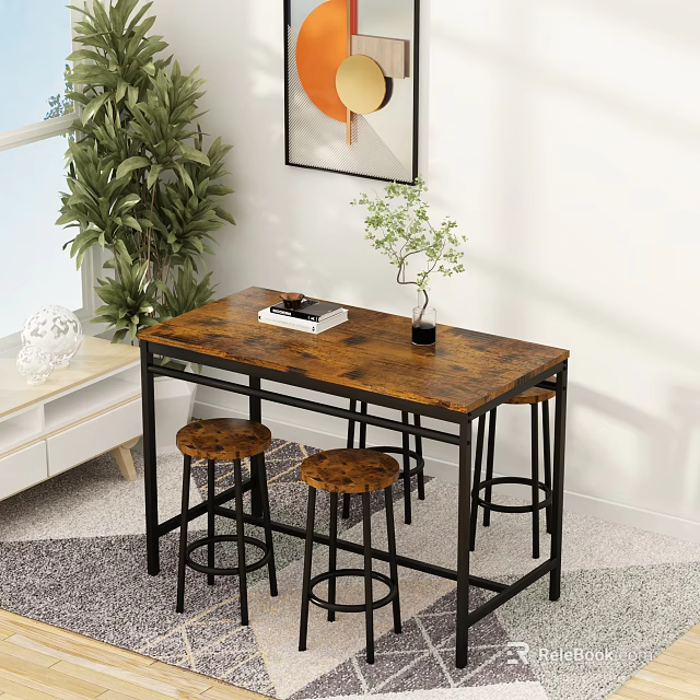Modern Dining Table Set With Wooden Top Metal Frame And Stools Near Green Plants 3d model 