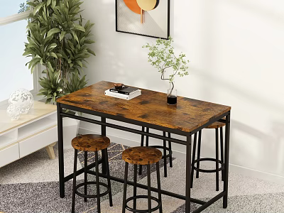 Modern Dining Table Set With Wooden Top Metal Frame And Stools Near Green Plants 3d model