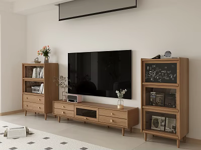 Modern Wooden TV Stand with Storage in Living Room Featuring Mounted TV and Side Bookshelves 3d model