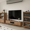 Modern Wooden TV Stand with Storage in Living Room Featuring Mounted TV and Side Bookshelves