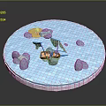 3D Circular Blue Water Scene With Small Sailboat Rocks And Floating Clouds