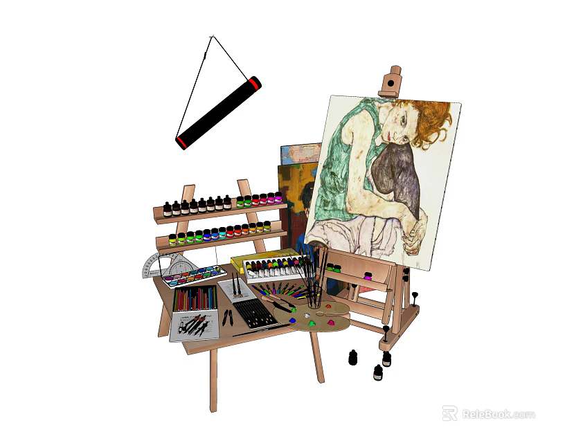 Art Studio Setup With Easel Canvas Paints Brushes And Musical Instruments 3d model 