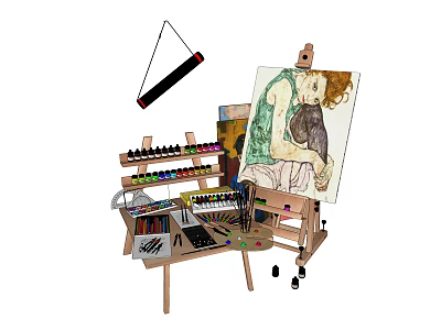 Art Studio Setup With Easel Canvas Paints Brushes And Musical Instruments 3d model