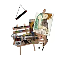 Art Studio Setup With Easel Canvas Paints Brushes And Musical Instruments 3d model