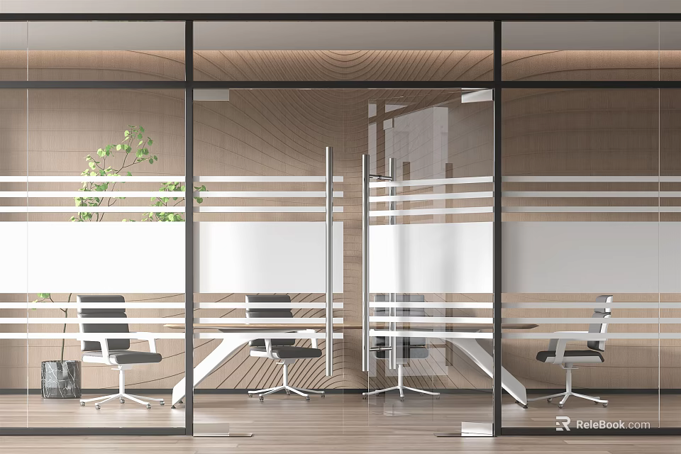 Modern Office Space With Glass Partitions Desks Chairs And Green Plant 3d model 