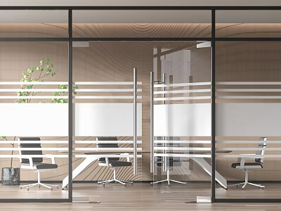 Modern Office Space With Glass Partitions Desks Chairs And Green Plant 3d model