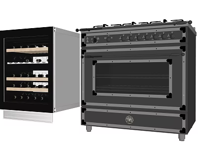 Modern Kitchen Appliances Featuring Black Wine Cooler And Oven With Glass Doors And Knobs 3d model