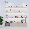 Minimalist Modern Decorative Ornaments Set On Wall Shelves With Plants Photo Frames And Vases