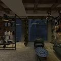 Industrial Office Interior With Brick Wall Bookshelves Pendant Lights And Wooden Table
