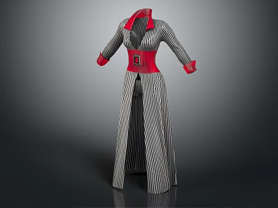 Long Striped Coat With Red Collar Cuffs And Belt In Black And Red 3d model