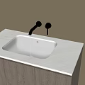 Modern Minimalist Bathroom Sink with White Countertop Black Wall Mounted Faucet and Wooden Cabinets