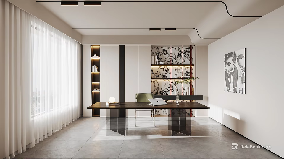 Modern Study Room With Desk Natural Light And Art Decor 3d model 