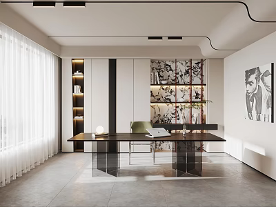 Modern Study Room With Desk Natural Light And Art Decor 3d model