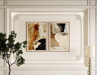Framed Abstract Paintings on Decorative White Wall with Green Plant and Table Lamp 3d model