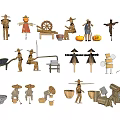 Traditional Agricultural Equipment Handmade Models of Farm Tools with Scarecrows Wheelbarrows and Wooden Buckets