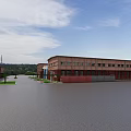 Red Brick Industrial Factory Building With 5G Signage Parking Lot Green Trees And Clear Sky
