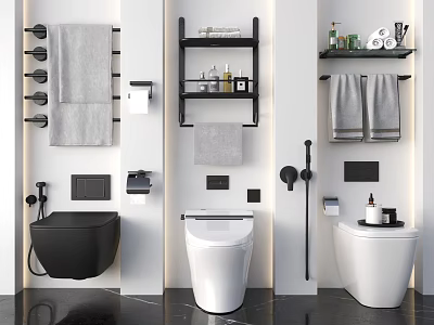 Modern Black And White Bathroom Set Interior Design With Wall-Hung Toilet Towel Racks And Shelves 3d model