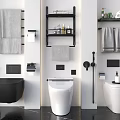 Modern Black And White Bathroom Set Interior Design With Wall-Hung Toilet Towel Racks And Shelves