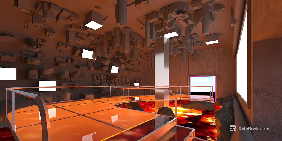 Modern Art Installation Space With Hanging Structures Orange Reflective Floor And Red Illuminated Area 3d model 
