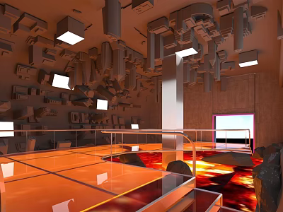 Modern Art Installation Space With Hanging Structures Orange Reflective Floor And Red Illuminated Area 3d model