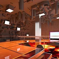 Modern Art Installation Space With Hanging Structures Orange Reflective Floor And Red Illuminated Area