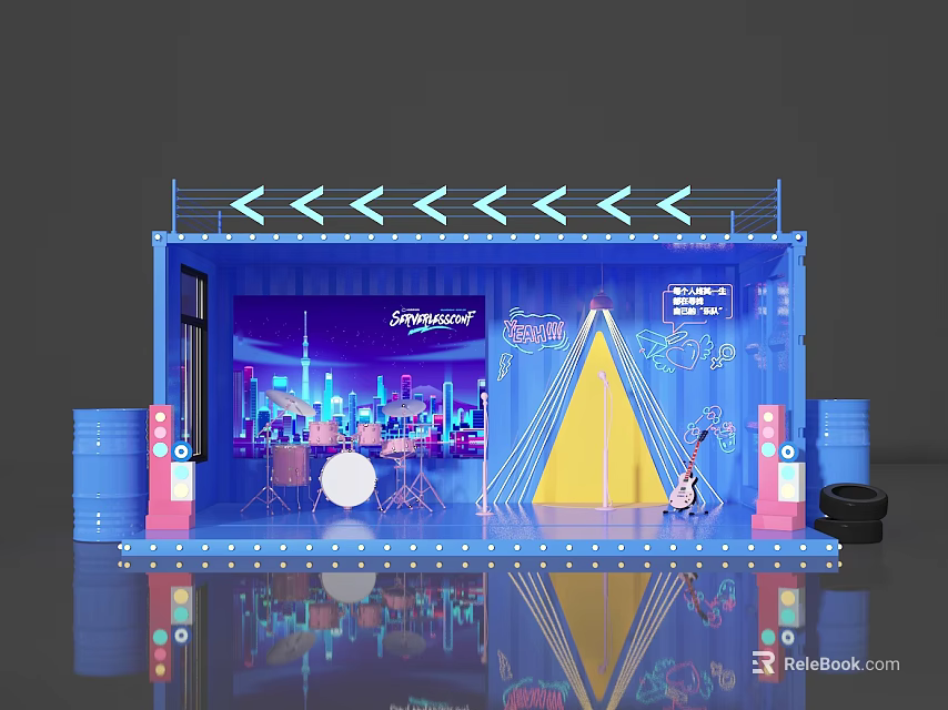Vibrant Photo Check-in Spot With Neon Lights Stage Guitar And City Backdrop 3d model 