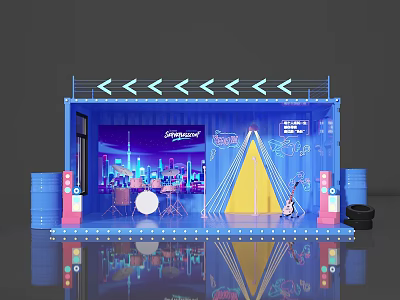 Vibrant Photo Check-in Spot With Neon Lights Stage Guitar And City Backdrop 3d model