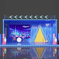 Vibrant Photo Check-in Spot With Neon Lights Stage Guitar And City Backdrop