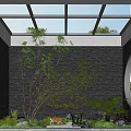 Indoor Landscape With Skylight Gray Brick Walls Large Tree Green Plants Deer Statue And Round Window