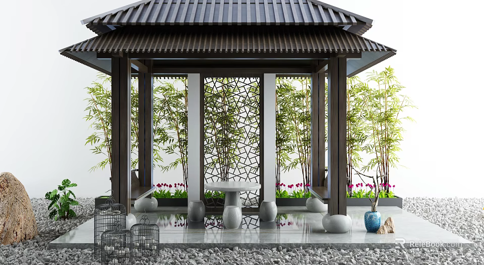 Chinese Pavilion with Black Roof Carved Screen Bamboo Stone Benches and Table on Gravel Ground 3d model 
