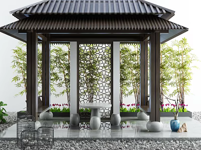 Chinese Pavilion with Black Roof Carved Screen Bamboo Stone Benches and Table on Gravel Ground 3d model
