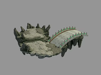 Stone Bridge With Green Railings Over Rocky Terrain And Decorative Elements 3d model